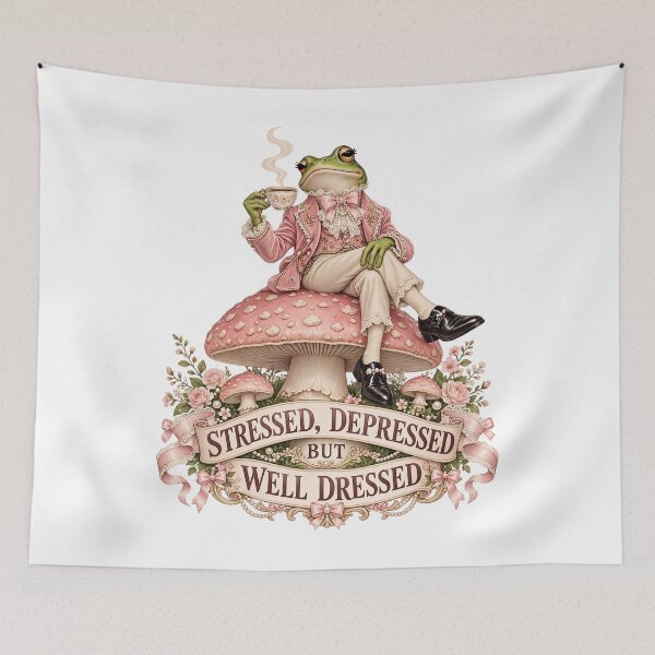 Item preview, Stressed, Depressed But Well Dressed - Coquette Frog Tea Party Goblincore designed and sold by Neurospicy Trolls.