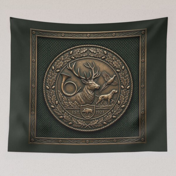 Item preview, Hunter Green & Bronze Hunting Lodge Emblem Fabric designed and sold by TammyHunterArt.