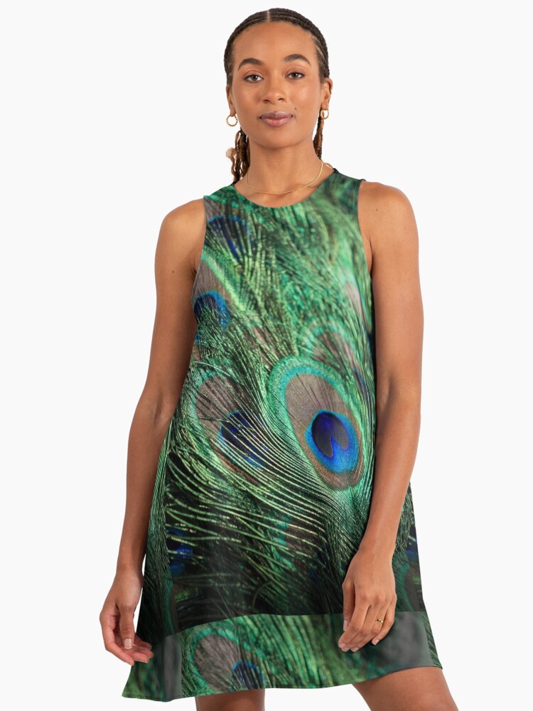Exotic Green Peacock Feather Peacock A-Line Dress