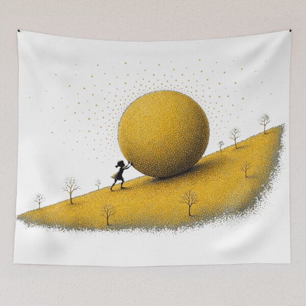 Item preview, Surreal Sisyphus Gold Sphere Pointillism Art designed and sold by  One City Two Children Studio.