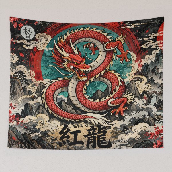 Item preview, Red Chinese Dragon Oriental Fantasy Art with Mountains and Cherry Blossoms designed and sold by Fei Long Design Hub.