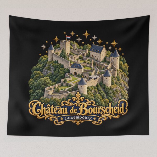 Item preview, Bourscheid Castle Luxembourg Embroidered Medieval Travel Art designed and sold by Emoji Emblems.