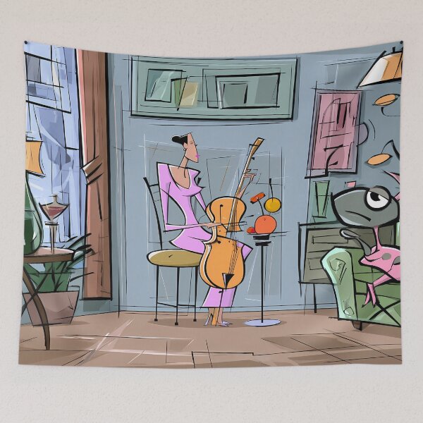 Item preview, Retro Mid Century Cello Player Alien Living Room Art designed and sold by Lunat1kk.