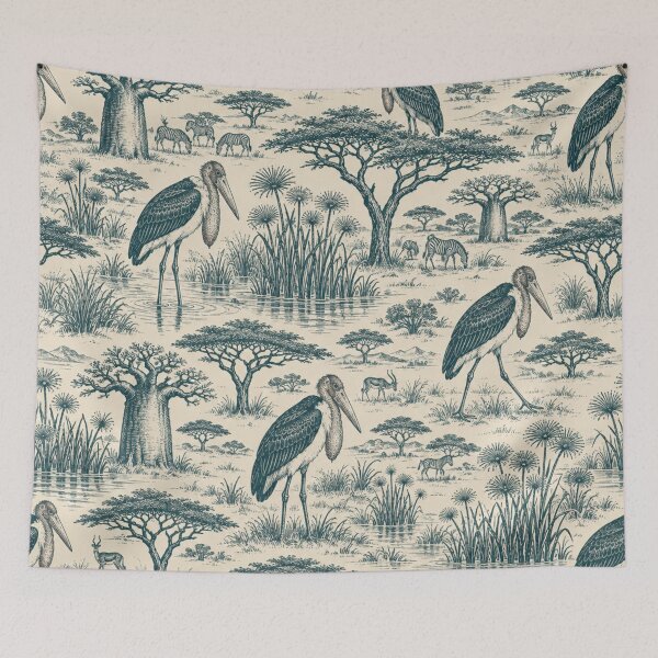 Item preview, Marabou Stork Toile Pattern | Funny African Safari Toile de Jouy with Acacia and Baobab Trees designed and sold by StickyGuys.