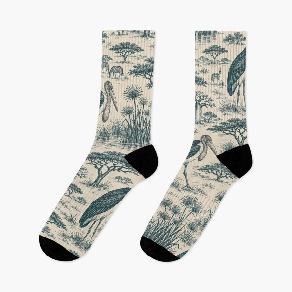 Item preview, Marabou Stork Toile Pattern | Funny African Safari Toile de Jouy with Acacia and Baobab Trees designed and sold by StickyGuys.