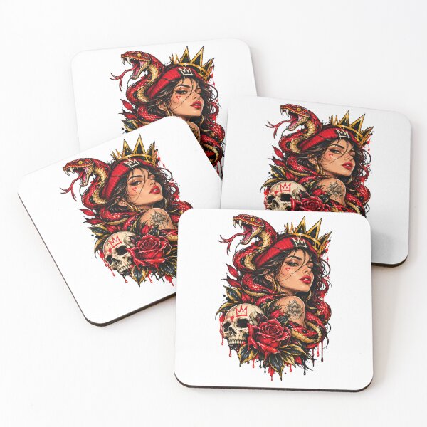 Item preview, Dark Snake Queen – Gothic Woman, Red Serpent & Skull Tattoo Art designed and sold by ArtesioByZaber.