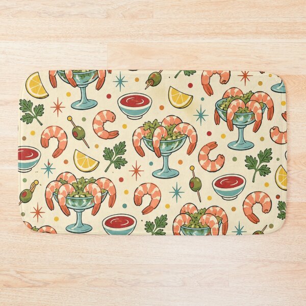 Item preview, Shrimp Cocktail Retro Food Pattern | Mid Century Kitsch Seafood Appetizer with Lemons and Olives designed and sold by StickyGuys.