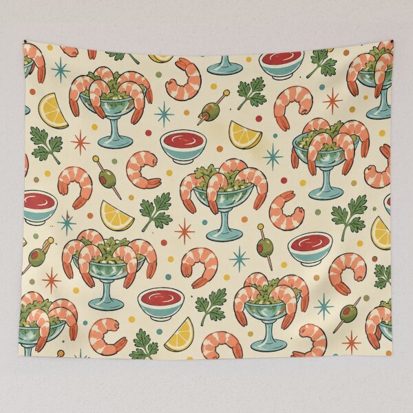 Item preview, Shrimp Cocktail Retro Food Pattern | Mid Century Kitsch Seafood Appetizer with Lemons and Olives designed and sold by StickyGuys.