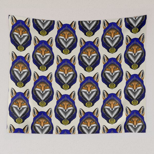 Item preview, Retrato de un mago azul místico y un zorro rojo con runas de oro oscuro. designed and sold by URSM.