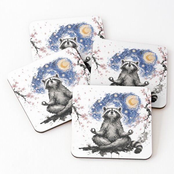 Item preview, Meditating Raccoon Starry Night Cherry Blossom Art designed and sold by JessArty.