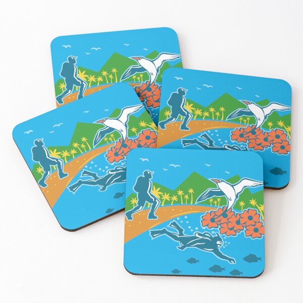 Item preview, Scuba Diver Hiker Island Tropicbird Flowers WPA Retro designed and sold by patrimonio.