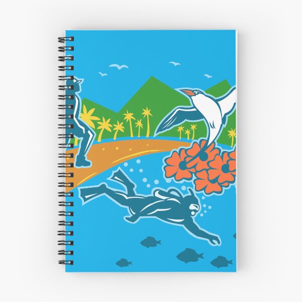 Item preview, Scuba Diver Hiker Island Tropicbird Flowers WPA Retro designed and sold by patrimonio.