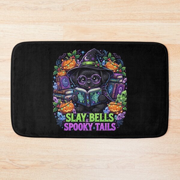 Item preview, Slay Bells Spooky Tails Cute Black Dog Witch designed and sold by Neon Bones Studio.