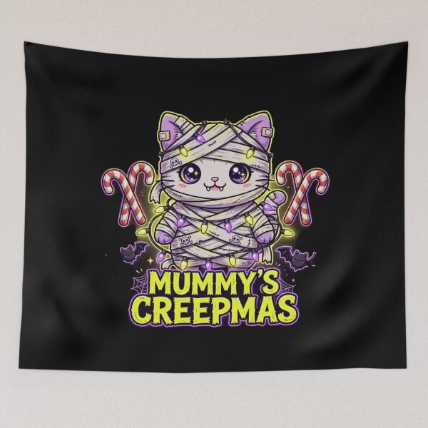 Item preview, Mummy's Creepmas Cute Mummy Cat Wrapped in Christmas Lights Spooky Holiday designed and sold by Neon Bones Studio.