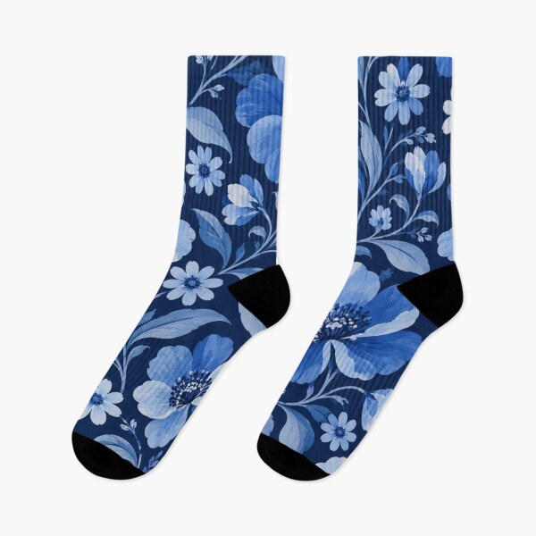 Item preview, Midnight blue midcentury floral pattern with large blooms designed and sold by Rue Market.
