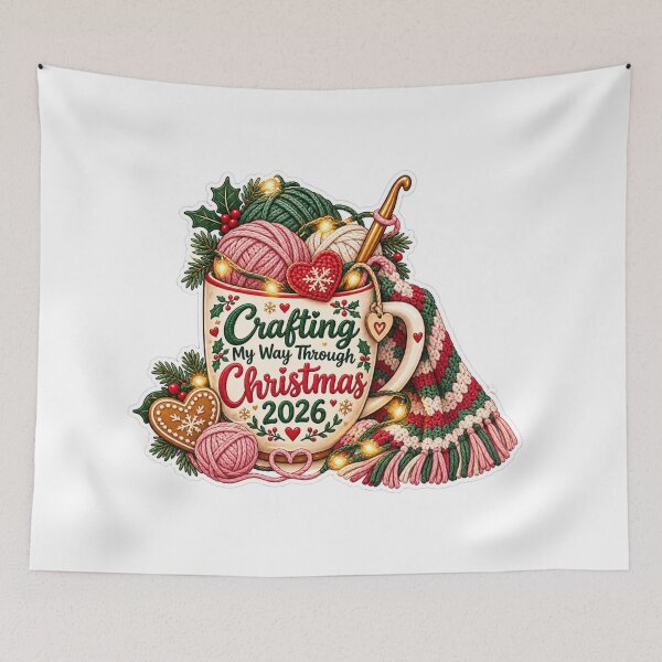 Item preview, Crafting My Way Through Christmas 2026 Crochet Yarn Cozy Mug Sticker designed and sold by Neworld24.