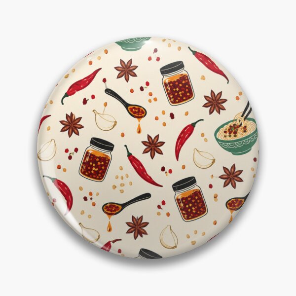 Item preview, Chili Crisp Pattern | Chili Oil Jars, Noodles, Garlic and Red Peppers Kitchen Print designed and sold by StickyGuys.