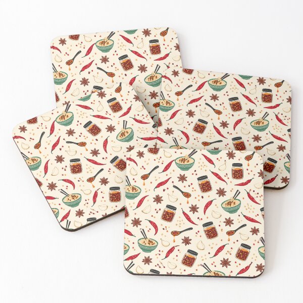 Item preview, Chili Crisp Pattern | Chili Oil Jars, Noodles, Garlic and Red Peppers Kitchen Print designed and sold by StickyGuys.