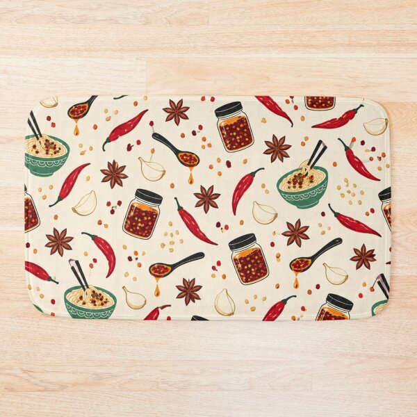 Item preview, Chili Crisp Pattern | Chili Oil Jars, Noodles, Garlic and Red Peppers Kitchen Print designed and sold by StickyGuys.