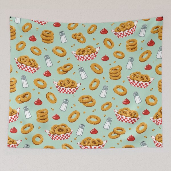 Item preview, Onion Rings Retro Diner Pattern | 1950s Kitsch Food Print with Checked Baskets and Ketchup designed and sold by StickyGuys.