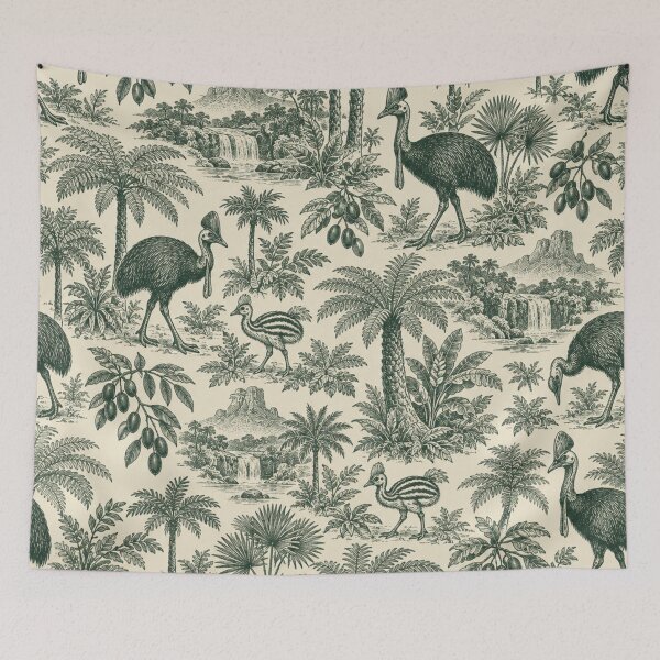 Item preview, Southern Cassowary Toile Pattern | Queensland Rainforest Bird Toile de Jouy in Green designed and sold by StickyGuys.