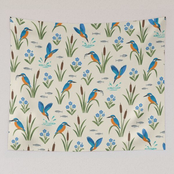 Item preview, Common Kingfisher Pattern | British Riverside Birds with Bulrushes and Forget Me Nots designed and sold by StickyGuys.