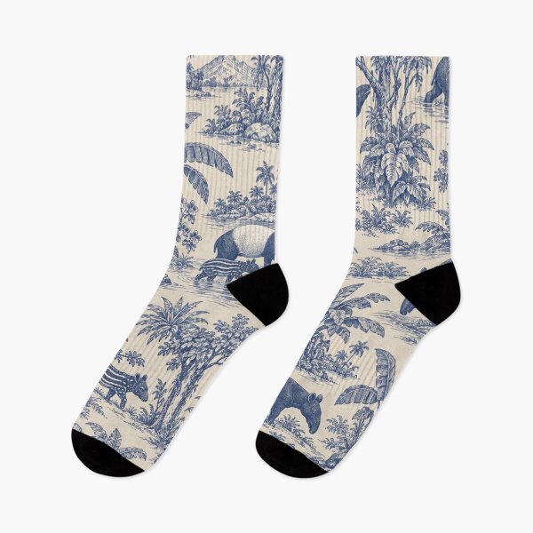 Aperçu de l'œuvre Motif Toile de Jouy Tapir de Malaisie | Tapirs noirs et blancs, Forêt tropicale, coloris Indigo créée et vendue par StickyGuys.