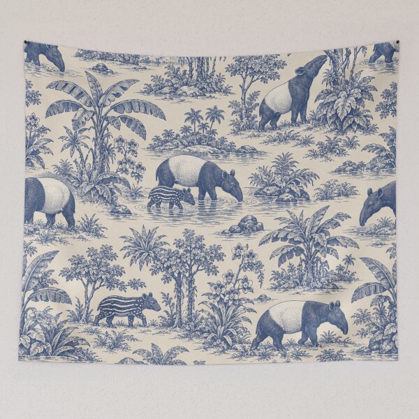 Item preview, Malayan Tapir Toile Pattern | Black and White Tapirs Rainforest Toile de Jouy in Indigo designed and sold by StickyGuys.