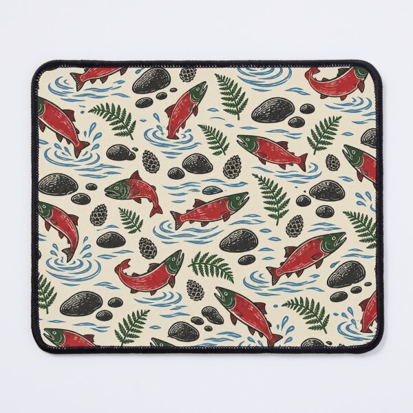 Item preview, Sockeye Salmon Linocut Pattern | Red Salmon Run with River Stones and Ferns designed and sold by StickyGuys.