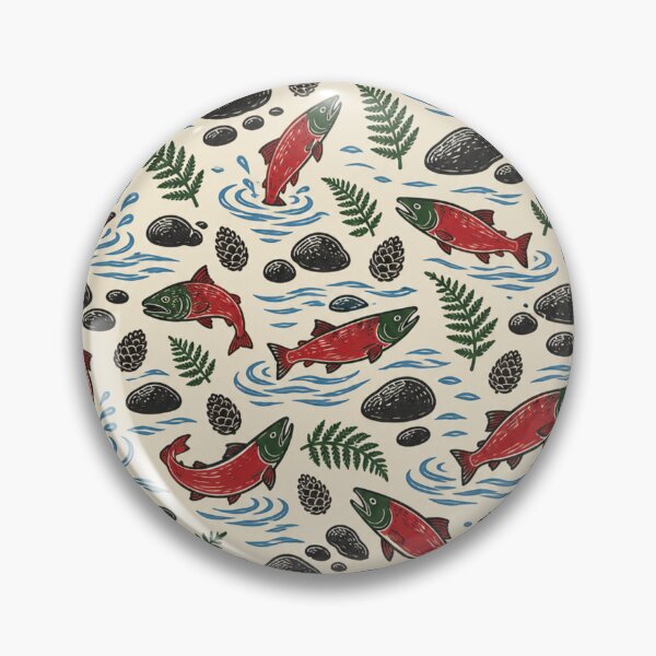 Item preview, Sockeye Salmon Linocut Pattern | Red Salmon Run with River Stones and Ferns designed and sold by StickyGuys.
