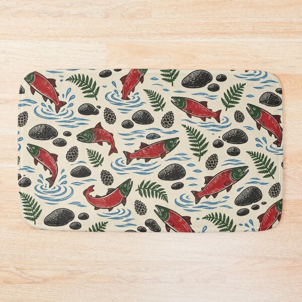 Item preview, Sockeye Salmon Linocut Pattern | Red Salmon Run with River Stones and Ferns designed and sold by StickyGuys.