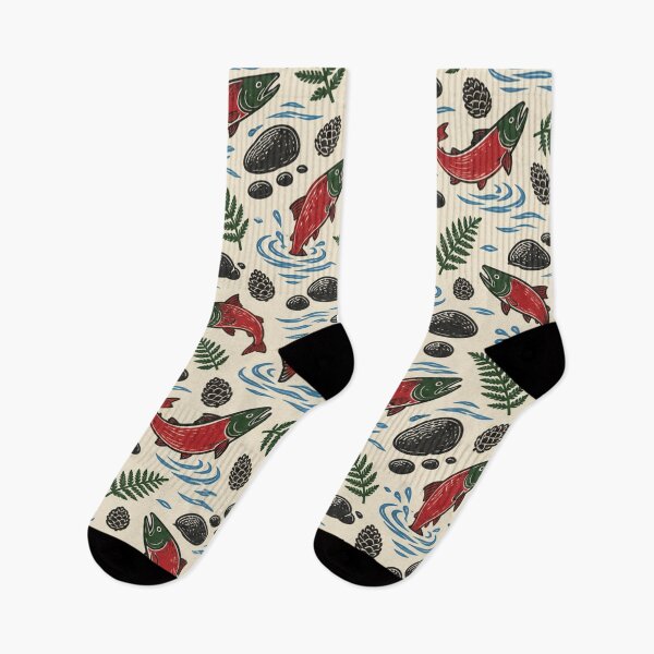 Item preview, Sockeye Salmon Linocut Pattern | Red Salmon Run with River Stones and Ferns designed and sold by StickyGuys.