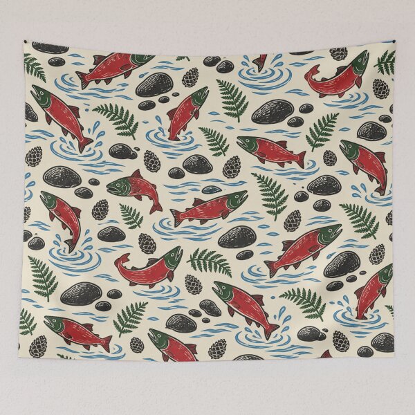 Item preview, Sockeye Salmon Linocut Pattern | Red Salmon Run with River Stones and Ferns designed and sold by StickyGuys.