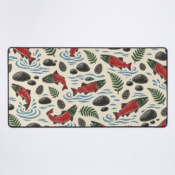 Item preview, Sockeye Salmon Linocut Pattern | Red Salmon Run with River Stones and Ferns designed and sold by StickyGuys.