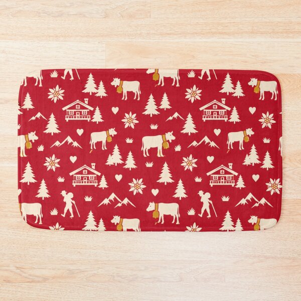 Item preview, Swiss Cow Paper Cut Pattern | Alpine Cows with Cowbells, Chalets and Edelweiss on Red designed and sold by StickyGuys.