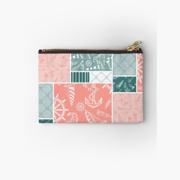 Item preview, Quilt Design Nautical Charcoal Sketches Collection- Features Netting, Stripes, Nautical Items, and Lighthouse Designs-Bluegreen and Coral designed and sold by PD-Coastal.
