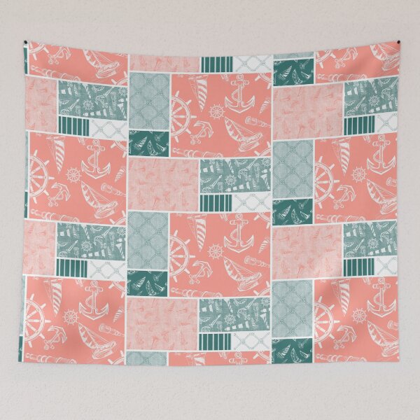 Item preview, Quilt Design Nautical Charcoal Sketches Collection- Features Netting, Stripes, Nautical Items, and Lighthouse Designs-Bluegreen and Coral designed and sold by PD-Coastal.
