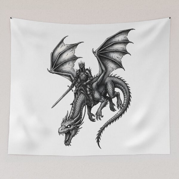Item preview, Dark Crowned Knight on Dragon - Helmed Rider Ink Illustration designed and sold by DragonSerpent Ink.