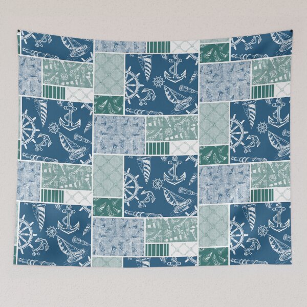 Item preview, Quilt Design Nautical Charcoal Sketches Collection- Features Netting, Stripes, Nautical Items, and Lighthouse Designs-Bluegreen and Ocean Blue designed and sold by PD-Coastal.