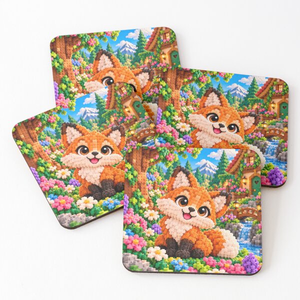 Item preview, Cute Fox in a Flower Forest – Colorful Building Block Mosaic Art designed and sold by WildWhimsy Art.