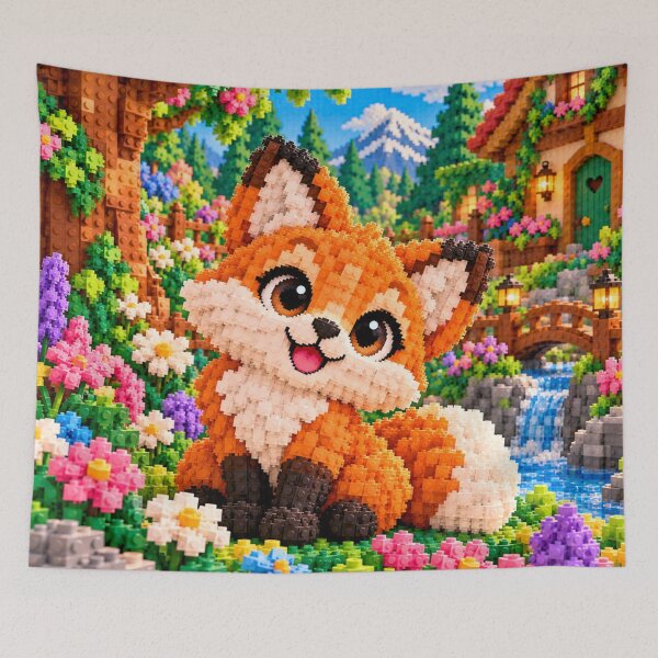 Artikelvorschau, Niedlicher Fuchs im Blumenwald – Buntes Mosaik aus Bausteinen entworfen und verkauft von WildWhimsy Art.