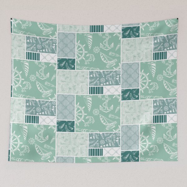 Item preview, Quilt Design Nautical Charcoal Sketches Collection- Features Netting, Stripes, Nautical Items, and Lighthouse Designs-Bluegreen and Seafoam designed and sold by PD-Coastal.