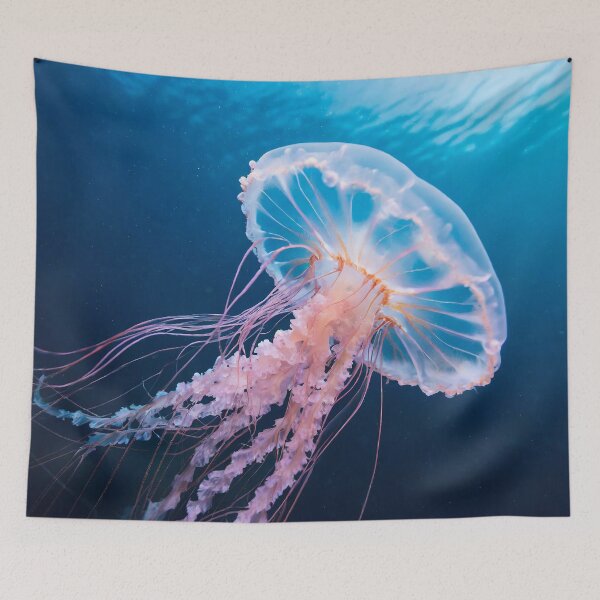 Item preview, Vivid jellyfish floating gracefully underwater, showcasing nature’s link with generative AI designed and sold by homydesign.