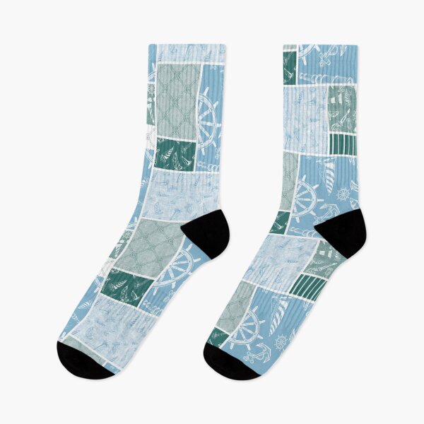 Item preview, Quilt Design Nautical Charcoal Sketches Collection- Features Netting, Stripes, Nautical Items, and Lighthouse Designs-Bluegreen and Sky Blue designed and sold by PD-Coastal.