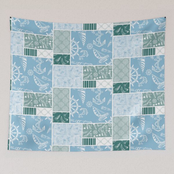 Item preview, Quilt Design Nautical Charcoal Sketches Collection- Features Netting, Stripes, Nautical Items, and Lighthouse Designs-Bluegreen and Sky Blue designed and sold by PD-Coastal.