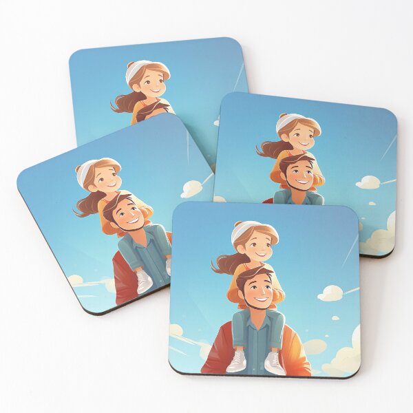 Item preview, A smiling cartoon father gives his daughter a piggyback ride against a bright blue sky with fluffy clouds, radiating joy and connection designed and sold by homydesign.