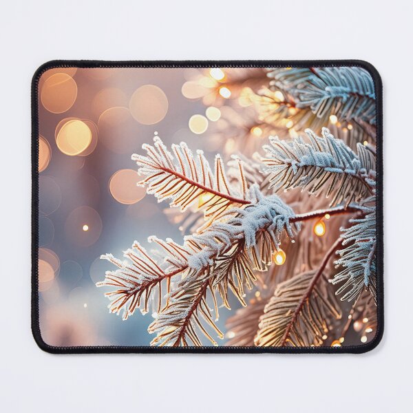 Artikelvorschau, Eine generative KI-Illustration eines frostbedeckten Kiefernzweigs vor einem sanften goldenen Sonnenaufgang entworfen und verkauft von homydesign.