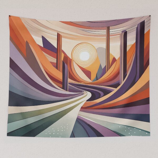 Item preview, A vibrant abstract landscape features swirling patterns and a central glowing orb designed and sold by homydesign.