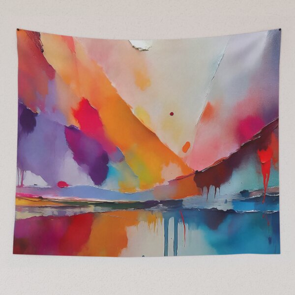 Item preview, A vibrant abstract painting with flowing shapes in warm and cool colors, reminiscent of a landscape designed and sold by homydesign.