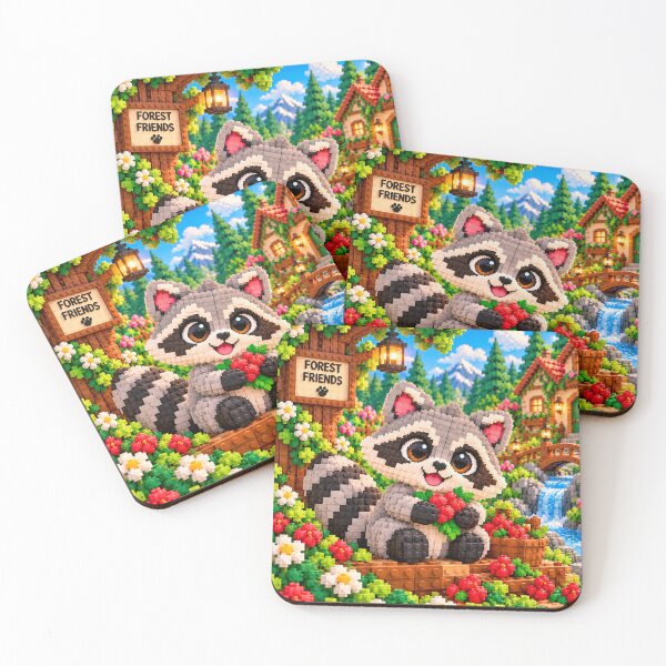 Item preview, Cute Raccoon with Berries – Colorful Building Block Mosaic Art designed and sold by WildWhimsy Art.